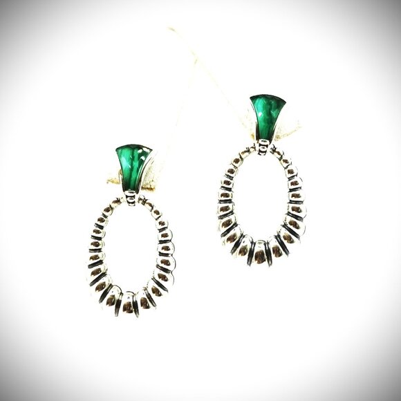 LAGOS Venus Link Oval Fluted Sterling Silver 18K Gold Post Malachite Earrings - Picture 8 of 10